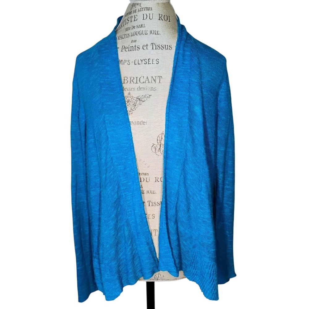 Eileen Fisher Blue Knit Linen Blend Open Front Cardigan Long Sleeve Womens XL